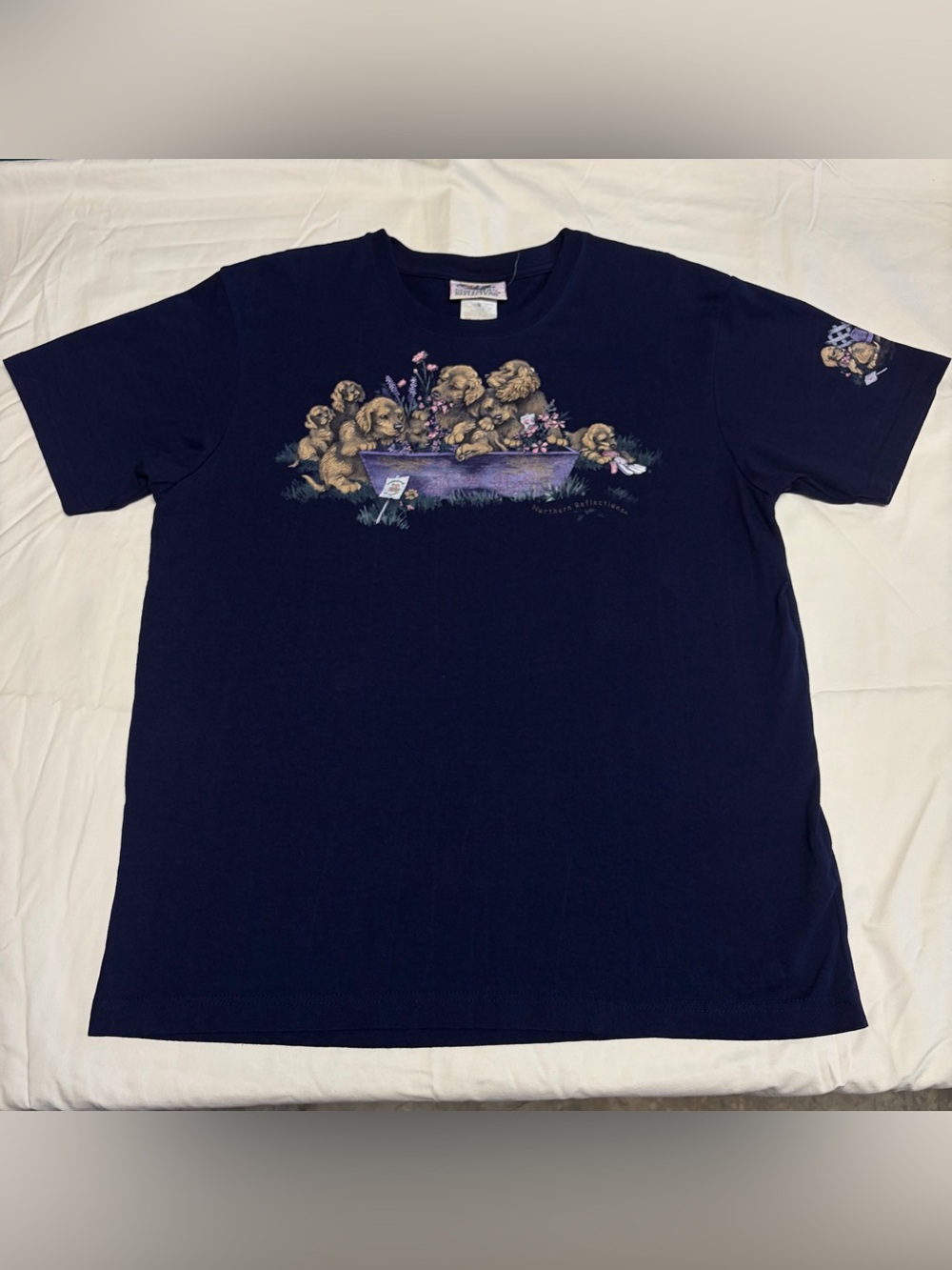 Vintage 90s Northern Reflections Navy Blue Puppies Dog Graphic T-Shirt Large